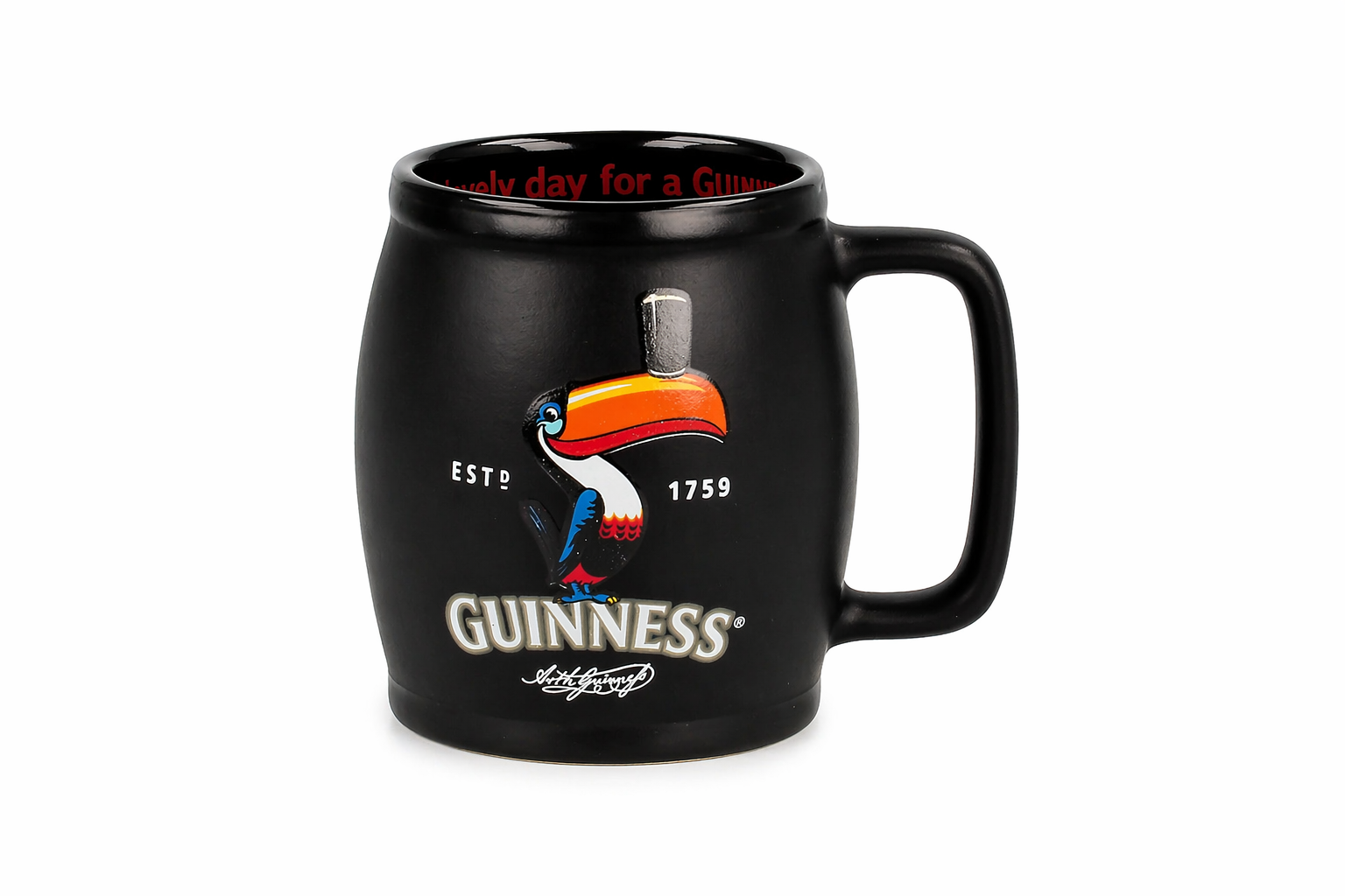 Black Guinness ceramic barrel mug with colourful toucan design and Guinness logo, 60ml mini mug.