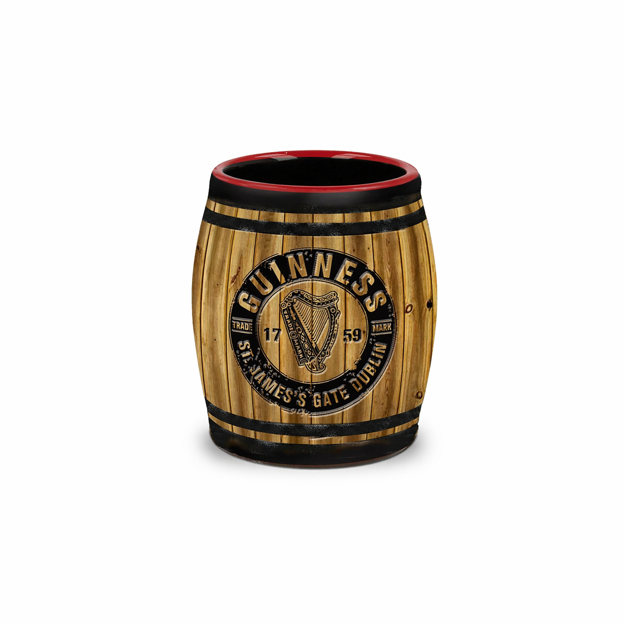 Guinness barrel-shaped ceramic mini mug with wooden cask effect finish and harp logo, 60ml.