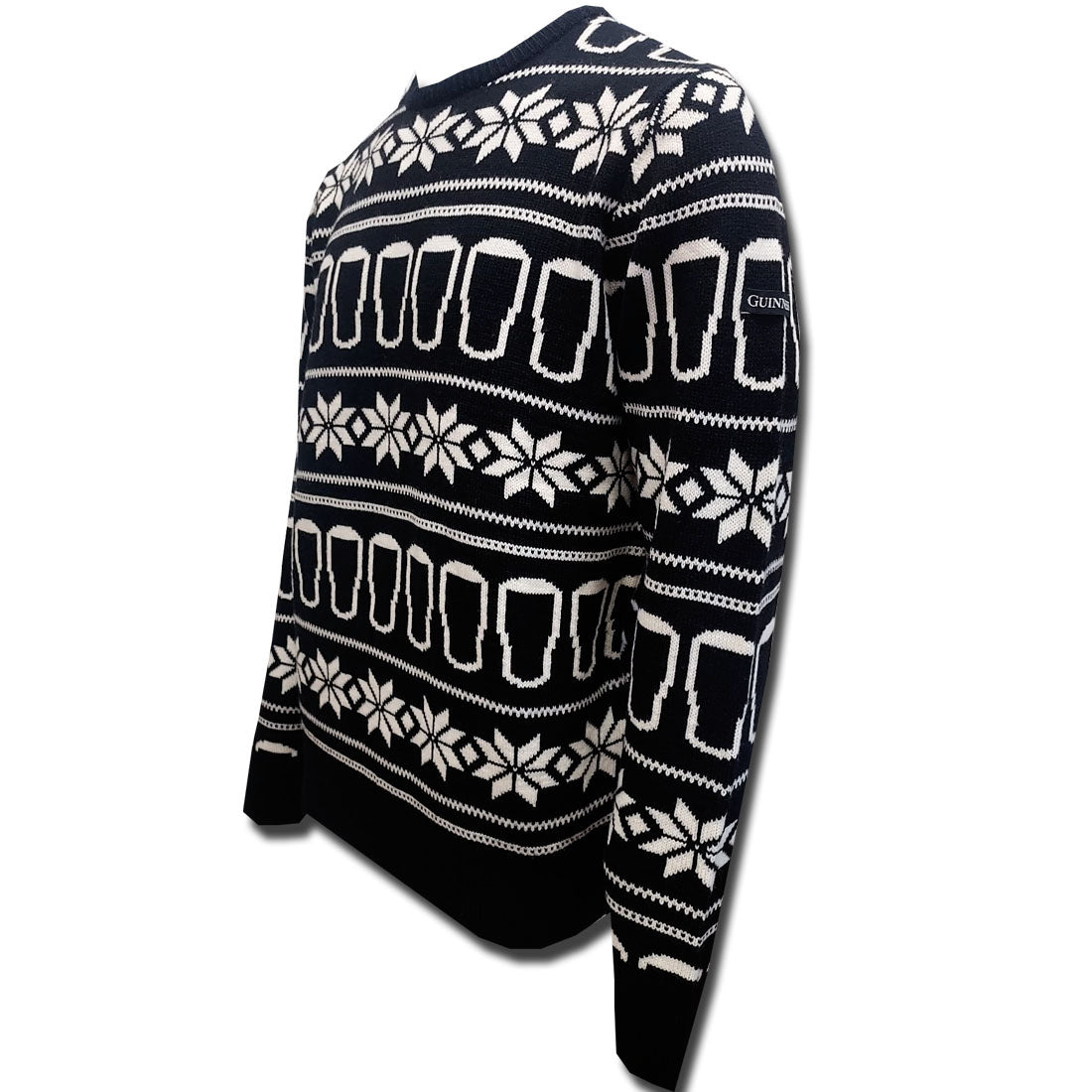 Side view of Guinness black and white knitted Christmas jumper