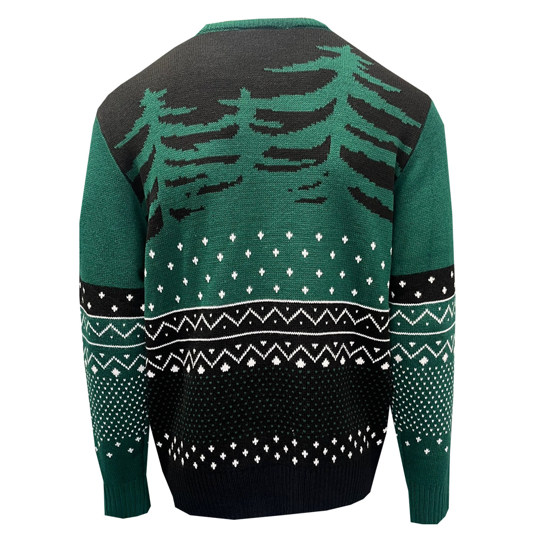 Back of Guinness Toucan Christmas jumper with winter forest design