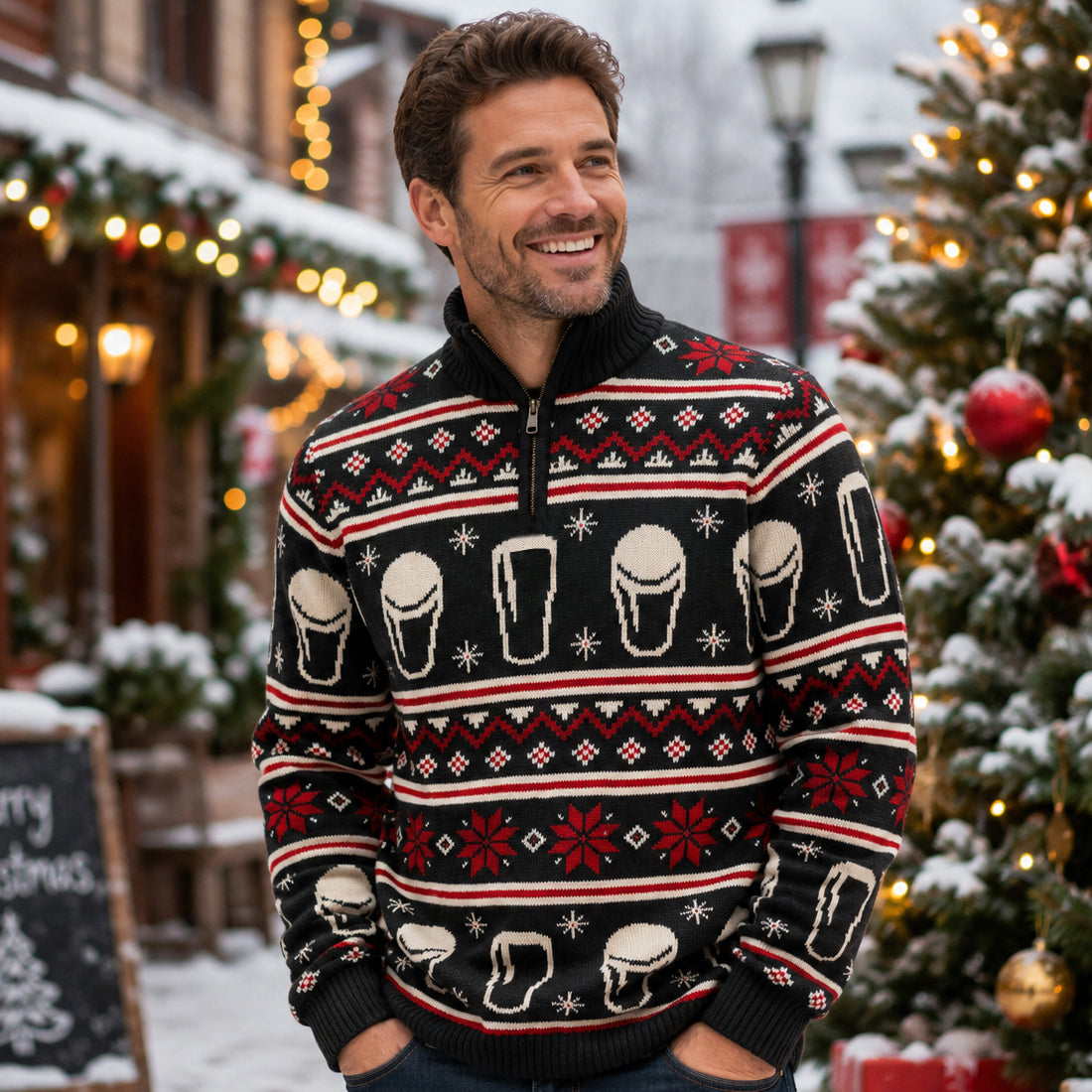 Man wearing Guinness black quarter-zip Christmas jumper