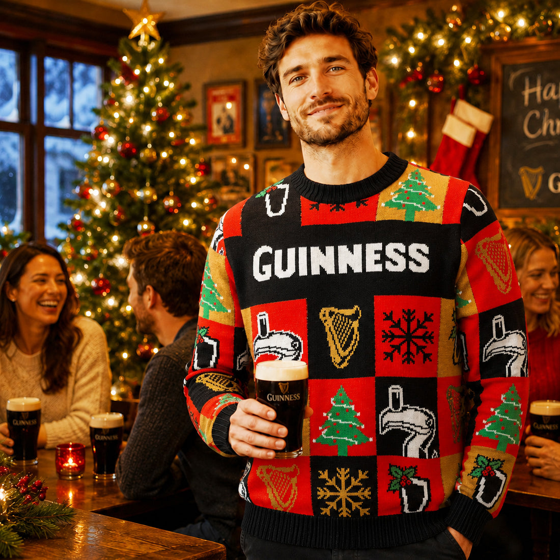 Man wearing Guinness Christmas Jumper with festive Guinness design