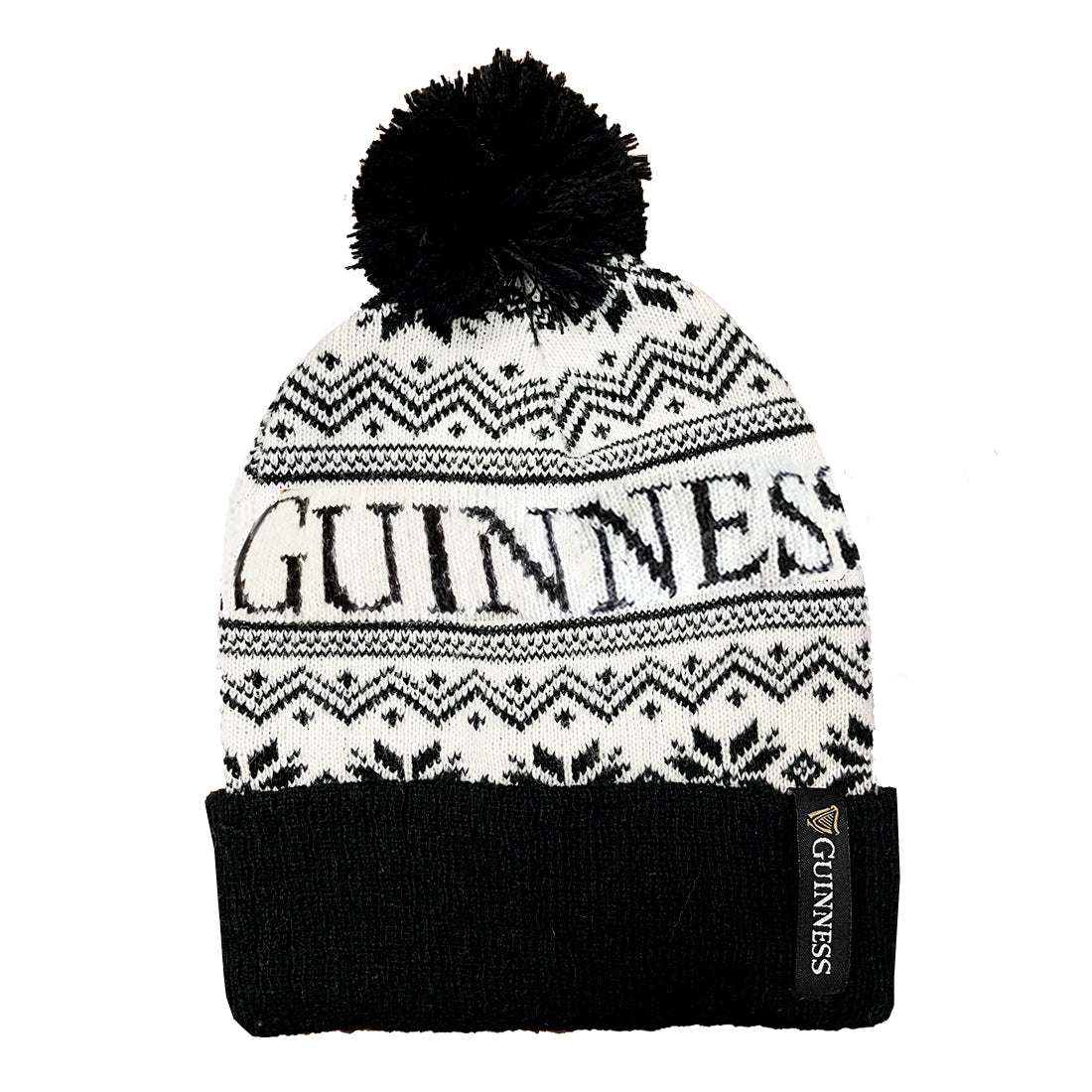 Guinness Fair Isle black and cream pom pom beanie front