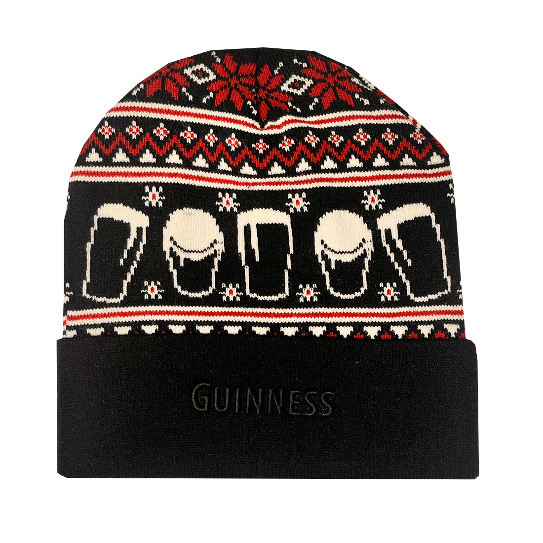 Guinness Pint Fair Isle beanie in black, red and cream with embroidered Guinness logo