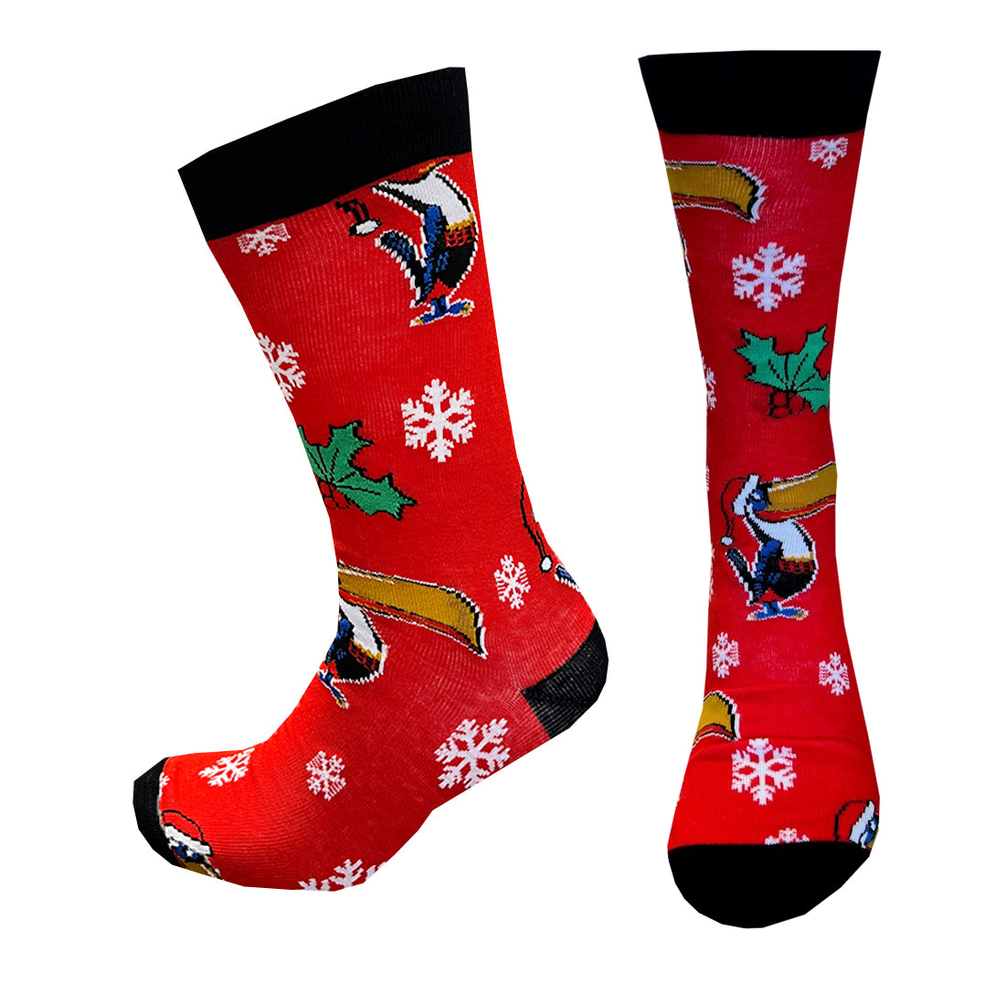 Red Guinness Toucan Christmas socks with snowflake and holly pattern