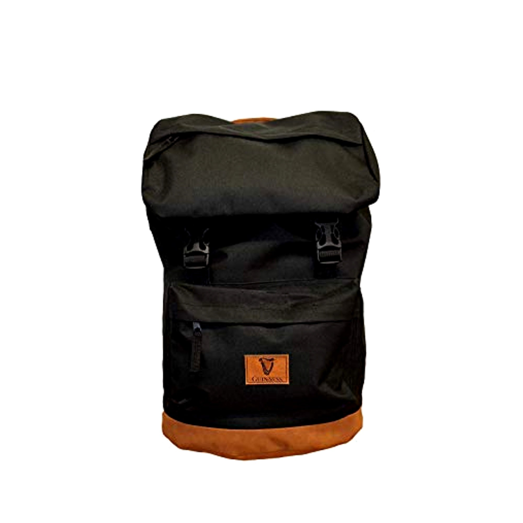 Guinness backpack black front view with zipped pockets