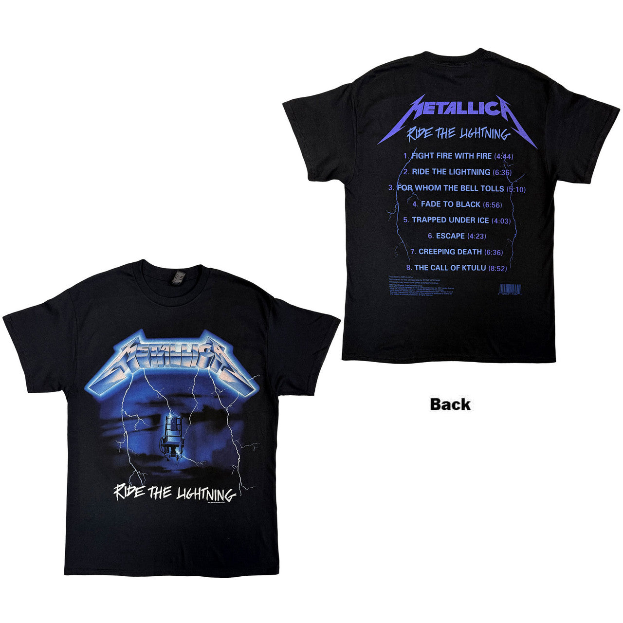 Official Metallica Ride the Lightning Double-Sided T-Shirt in Black - official Metallica music T-shirt
