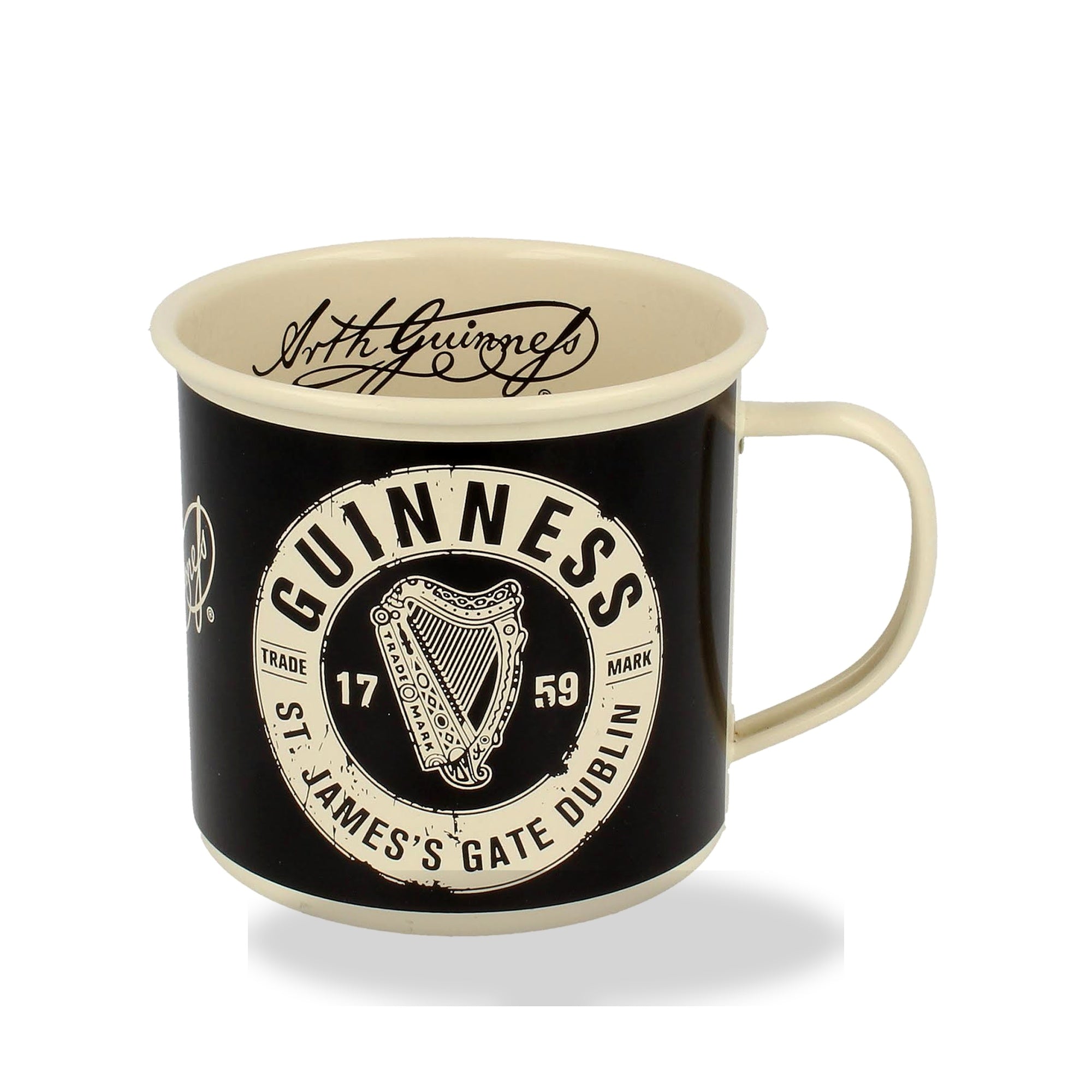 Guinness enamel mug black and cream with St James Gate label